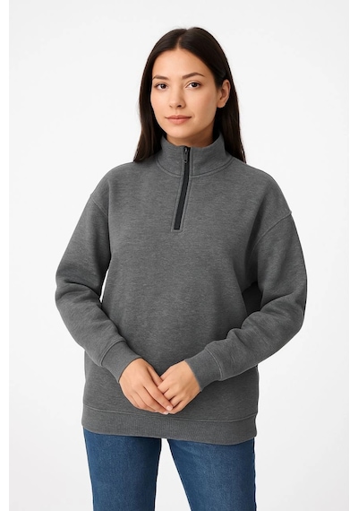 Primemagazam Kadın 3 İplik Pamuklu Dık Yaka Yarım Fermuarlı Sweatshirt - Antrasit Çeşitli