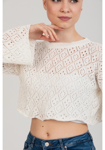 Maximodena Feminen Ajurlu Dokulu Beyaz Crop Bluz Standart Beden - Beyaz