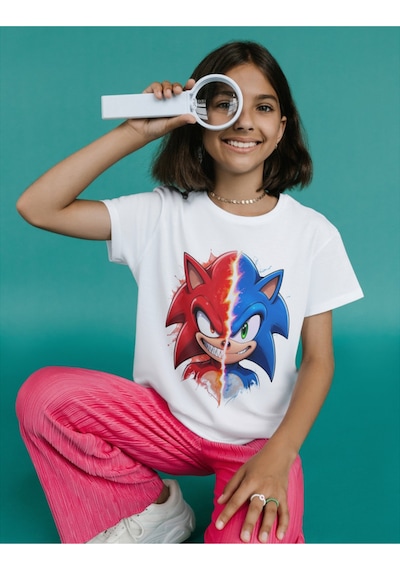 Alpşan Ticaret Sonic Çocuk Tişört Knuckles Ve Kirpi Sonic Unisex Yetişkin Tişört Sonic Tişört Beyaz