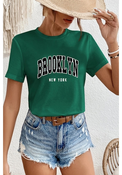 Unisex Brooklyn New York Baskılı Tasarım Tshirt Yeşil