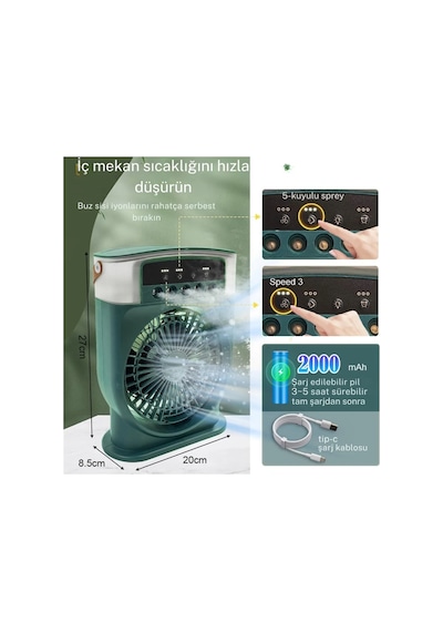 Şarjlı 600 Ml Su Hazneli Taşınabilir Masaüstü Vanilatör Güçlü Fan Ve 2000 Mah Pil Yeşil Diğer