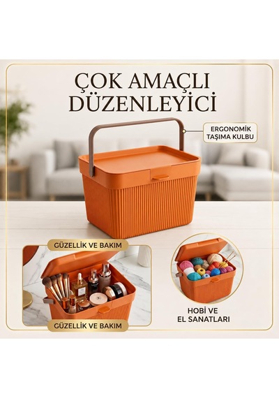 6 Litre Çizgili Çok Amaçlı Düzenleyici Kapaklı Taşıma Kulplu Saklama Kutusu Organizer Turuncu