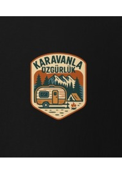 Wildstyle Karavanla Özgürlük Renkli Karavan Kamp Doğa Rozet Baskılı Unisex Bisiklet Yaka Pamuklu Tişört Siyah