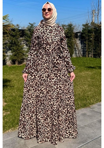 Rabia Şamlı Leopar Desenli Elbise Kahve Normal
