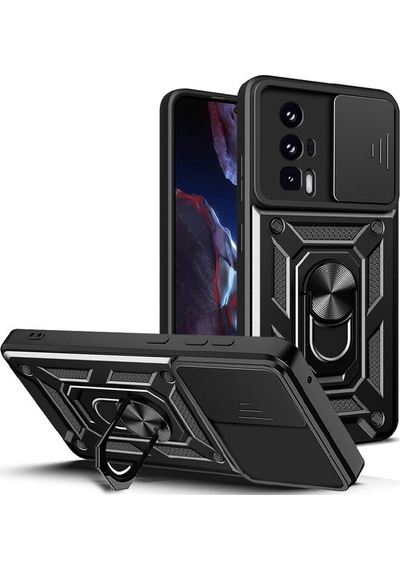 Rba Aksesuar Poco F5 Pro Kılıf Magnetik Standlı Kamera Korumalı Rba Sürgülü Vega Kapak - Siyah Siyah
