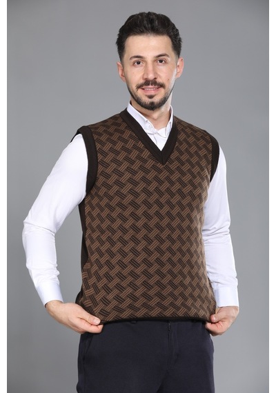 Kzc Tekstil Erkek Baba Ve Orta Yaş Desenli Akrilik Kalın Dokulu V Yaka Triko Süveter Kahverengi