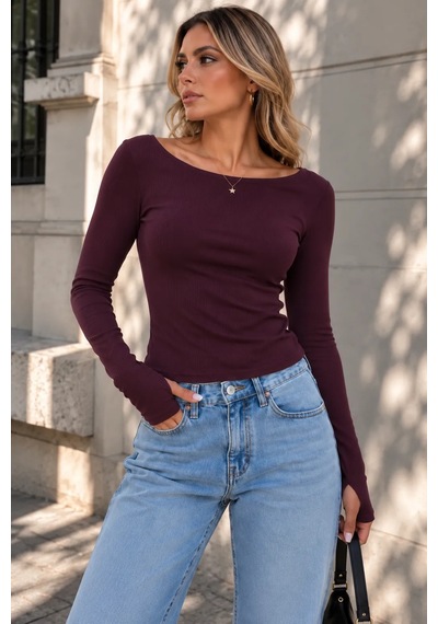 Bb Butik Basic Soft Touch Parmak Geçmeli Kayık Yaka Bluz Mdk35 bordo