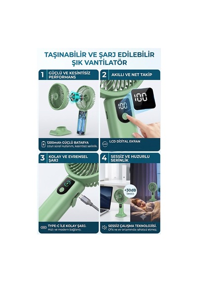 Şarjlı Standlı Güçlü El Fanı Masaüstü Mini Vantilatör 1200mah 5 Kademe Hız Ayarı Dijital Gös
