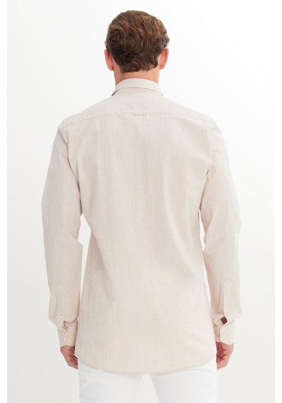 AC&Co / Altınyıldız Classics Erkek Beyaz Bej Pamuklu Slim Fit Dar Kesim Düğmeli Yaka Kareli Gömlek Beyaz Bej