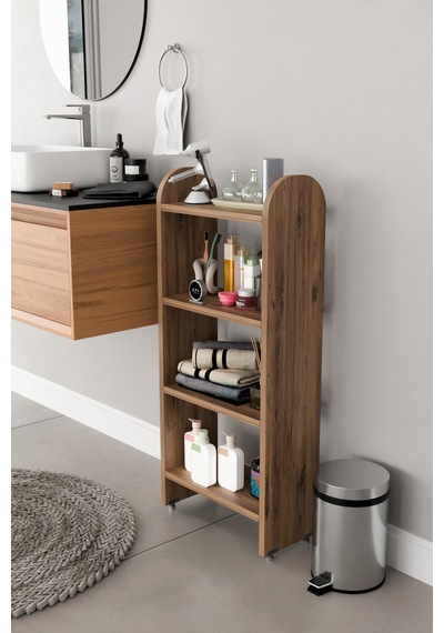 Alpaevmobilya Modern 4 Raflı Oval Kesim Banyo Düzenleyici Raf Metal Ayaklı Çok Amaçlı Raf Banyo Dolabı Açık Dolap Atlantik Çam