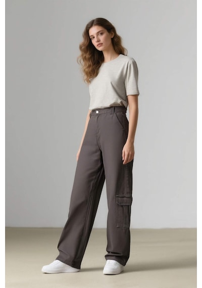 DeFacto Straight Fit Kışlık Gabardin Pantolon Kargo Cepli Normal Bel Düz Paça D3762AX24AUGR310 Gri