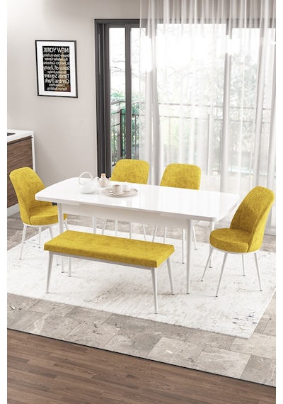 Canisa Concept Zen Serisi 80x132 Mdf Açılabilir Beyaz Masa Takımı 4 Hardal Sandalye Ve 1 Bench Masa Beyaz Sandalye Ve Bench Hardal Canisa Concept Zen Serisi 80x132 Mdf Açılabilir Beyaz Masa Takımı 4 Hardal Sandalye Ve 1 Bench Masa Beyaz Sandalye Ve Bench Hardal