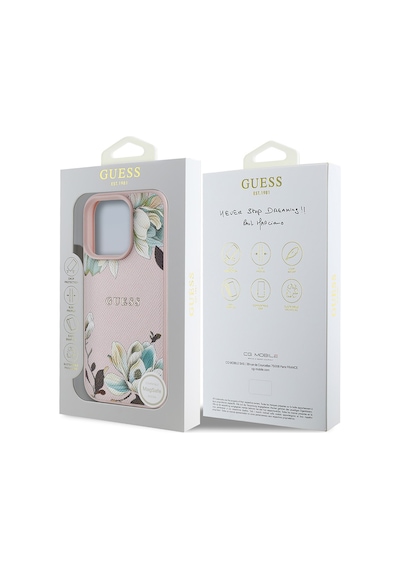 Apple Uyumlu iPhone 15 Pro Max Kılıf Guess Lisanslı Magsafe Özellikli Çiçek Tasarımlı Metal Logolu Kapak Pembe