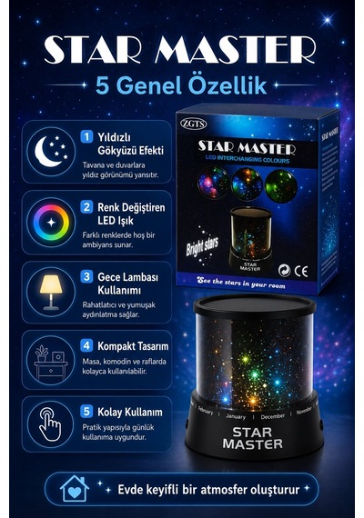 Renk Değiştiren Led Yıldız Projektör Gece Lambası Oda Tavanı İçin Dekoratif Işık Çok Renkli