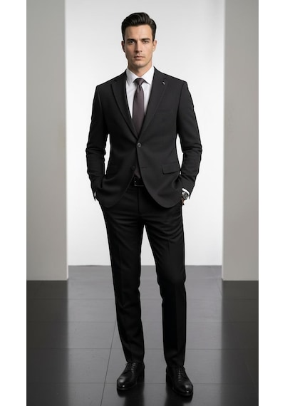 Plus Scorpion Ck 142 Slim Fit Mikro Desenli Erkek Ceket Yazlık Pike Kumaş Çift Yırtmaç Blazer Siyah