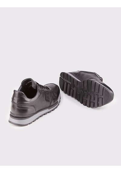 Erkek Hakiki Deri Siyah Kürklü Bağcıklı Sneaker Spor Ayakkabı Siyah