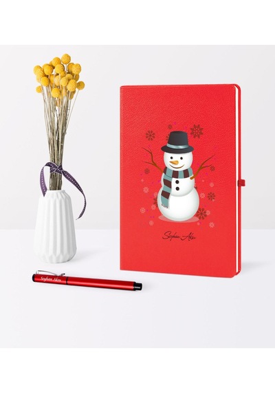 Kişiye Özel Yılbaşı Kardan Adam Temalı Kırmızı Defter Kalem Seti - 1