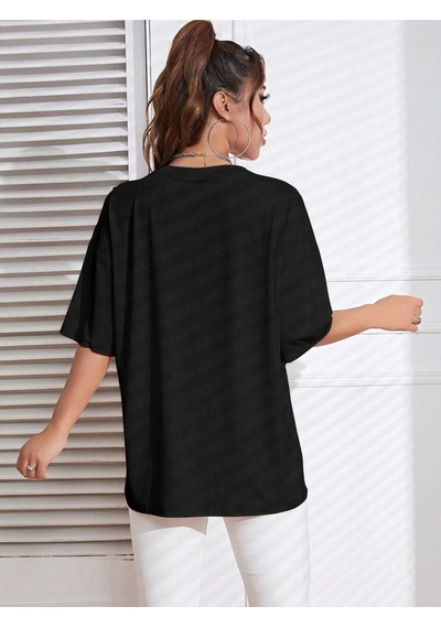 Kalp Logo T-shirt - Siyah Baskılı Oversize Bisiklet Yaka Kısa Kol Tişört Siyah