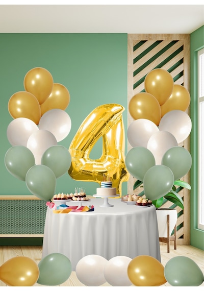 4 Yaş Küf Yeşili Temalı Doğom Günü Seti Metalik Gold Kum Beji Küf Yeşili Balonlar Gold Folyo Rakam Çok Renkli