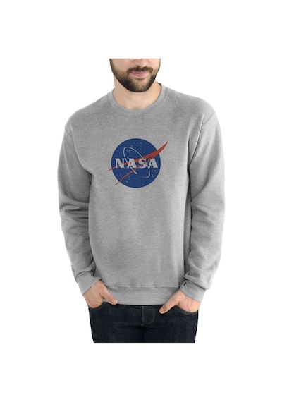 Nasa Logo Simge Baskılı Gri Erkek Örme Sweatshirt