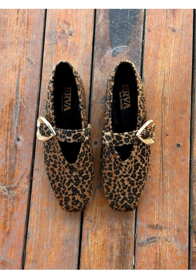 Ervanın Butiği Leopar Süet Lovely Kalp Aksesuar Kadın Babet-6049