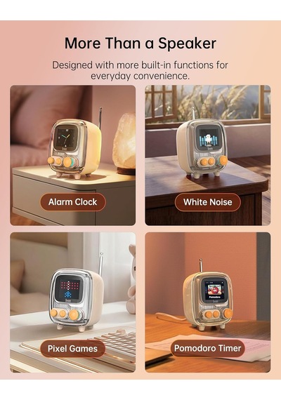 Tiivoo-2 Fm Radyo Bluetooth Hoparlör Çalar Saatli, Pixel Art Retro Mini Küçük Sevimli Kablosuz Hoparlör, Vintage Dekor Parti Ofis Ev Masası Yatak Odası Mutfak Dış Mekan İçin Uygun, Krem