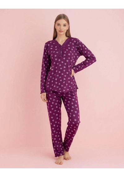 Pijamerry Kadın Bambu Baharlık Dantel Yaka Uzun Kol İnce Pijama Takımı 5206m - 1 Adet Mor