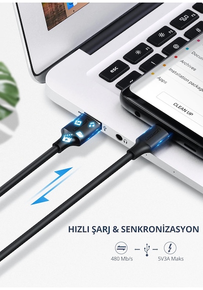Ugreen 60116 USB-C to USB-A 3A QC Hızlı Şarj Kablosu 1 Metre Siyah