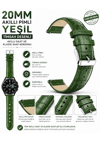20mm Yeşil Krokodil Baskılı Deri Saat Kordonu Akıllı Pimli 46mm Saat Uyumlu Kayış