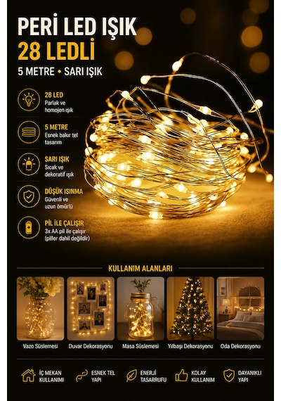 5 Metre 28 Led Peri Led Işık Sarı Dekoratif Şerit Aydınlatma Esnek Tel Led