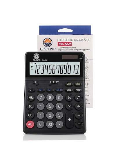 Hesap Makinesi Siyah 14x19 Cm 1 Adet Cockpıt Ck-662 12 Haneli Büyük Boy Hafızalı Ofis Büro Masaüstü Hesap Makinası