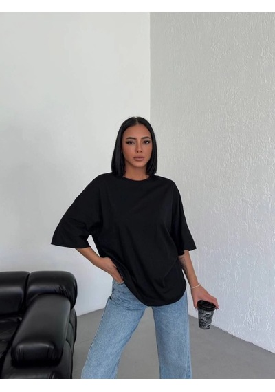 Vinevesta Kadın Düz T-shirt Kısa Kol Bisiklet Yaka Oversize Tişört - Siyah Çok Renkli