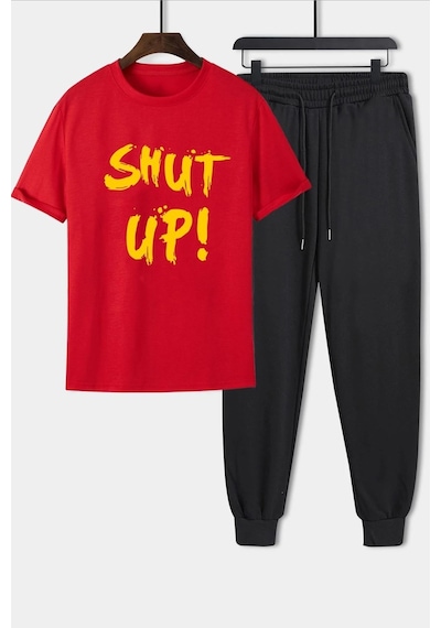 Uyguntarz Unisex Shut Up Baskılı 2'li Eşofman Takımı Kırmızı