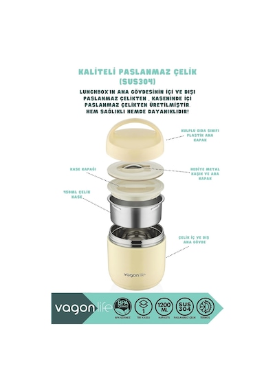 Vagonlife Bento 1200ml Lunchbox 1 Kaseli 4-6 Saat Sıcak/soğuk Termos Özellikli Çelik Sefer Tası Yemek Kutusu Sarı