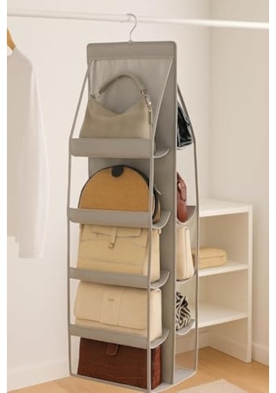Ayrex Orret Home 10 Bölmeli Askılı Çanta Organizeri 37x125 Cm Gri Renk, Dolap İçi Asılabilir Çanta Düzenley Altın