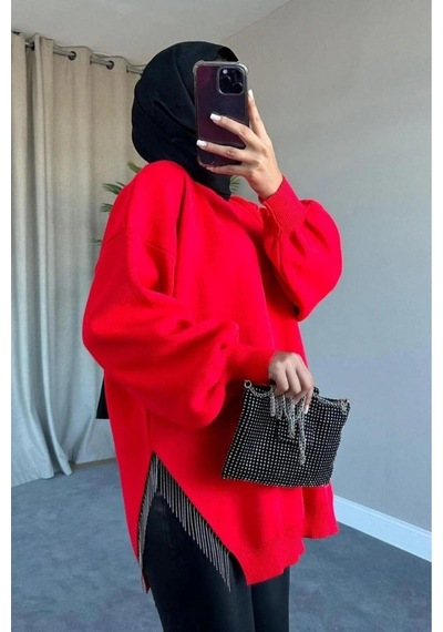 De Pose Yarı Zincirli Triko Kazak Kırmızı