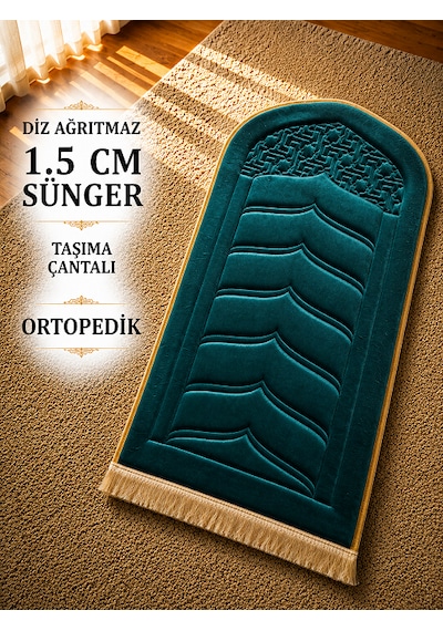 Diz Dostu Seccade Ortopedik Süngerli 1.5 Cm Kalın Kadife Namazlık Çanta Hediyeli Zümrüt