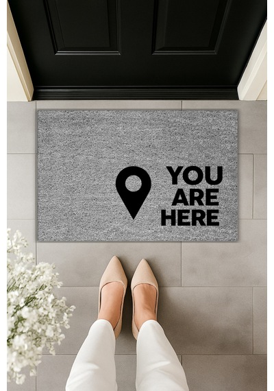 Rugmood Modern Dijital Baskı - You Are Here Paspas- Kapı Önü Paspası Gri