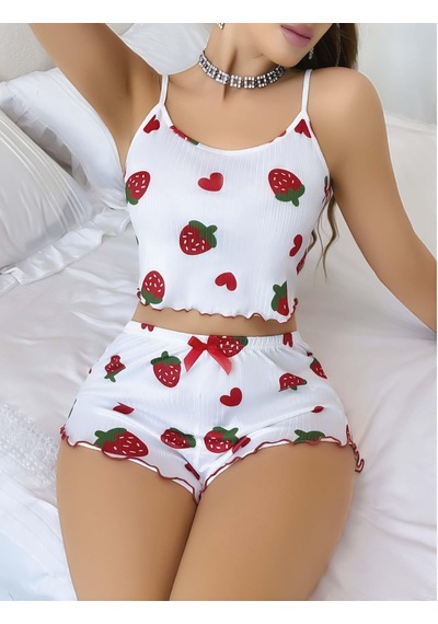 Findit Kadın Beyaz Çilek Desenli Şortlu Pijama Takımı 5053 Beyaz