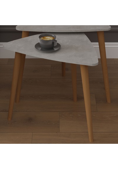 Asra Trend 3'lü Üçgen Zigon Sehpa Takımı SEHPA02 %100 MDF Ahşap Ayaklı Retro Gri