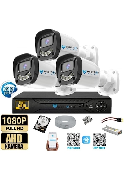 3 Kameralı Full HD Güvenlik Kamera Seti 500GB HDD 5MP Gece (Renkli) Görüşlü - Sabit IP Gerektirmez