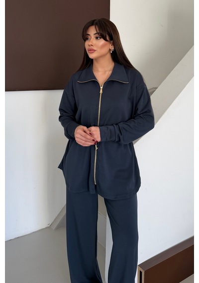 Balenbi Oversize Fermuarlı Beli Bağcıklı Polo Yaka Modal Kadın Takım 1196 - Form Serisi Füme Balenbi Oversize Fermuarlı Beli Bağcıklı Polo Yaka Modal Kadın Takım 1196 - Form Serisi Füme