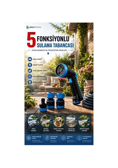 Makaralı Hortum Seti 20 Metre Bahçe Sulama Hortumu 1/2 İç Çap 5 Fonksiyonlu Sulama Tabancalı