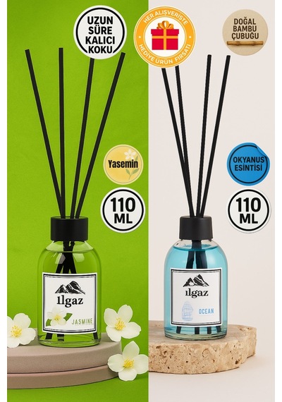 Ilgaz Jasmin Bambu Çubuklu Oda Kokusu 110 Ml & Okyanus Bambu Çubuklu Oda Kokusu 110 Ml 2'li Ortam Kokusu Seti Okyanus Esintisi