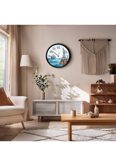Deniz Feneri Ve Balıkçı Teknesi Temalı Dekoratif Duvar Saati 28 Cm Sessiz Mekanizma Çok Renkli