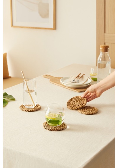 Ocean Home Textile 4'lü Bej Renk Rafya Bardak Altlığı Ø 11 cm