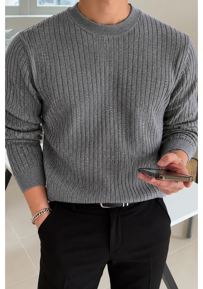 Erkek Bisiklet Yaka Slim Fit Triko Kazak Füme
