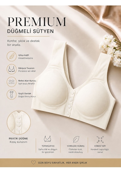 Qulat Önü Açılır Kapanır Düğmeli Sütyen Toparlayıcı, Dikişsiz, Rahat Kullanım Ekru