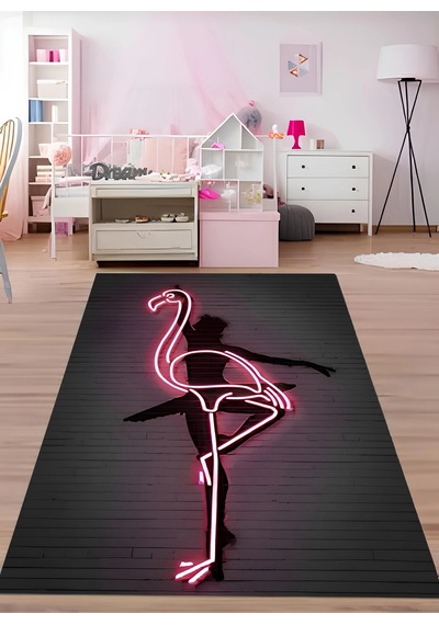 Yansıma Işık Görünümlü Flamingo Özel Tasarım Modern Halı Dekoratif Kilim Gri