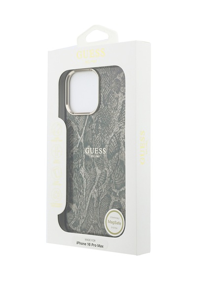 Apple Uyumlu iPhone 16 Pro Max Kılıf Guess Lisanslı M-safe Özellikli Yazı Logolu Python Desenli Kapak Kahverengi